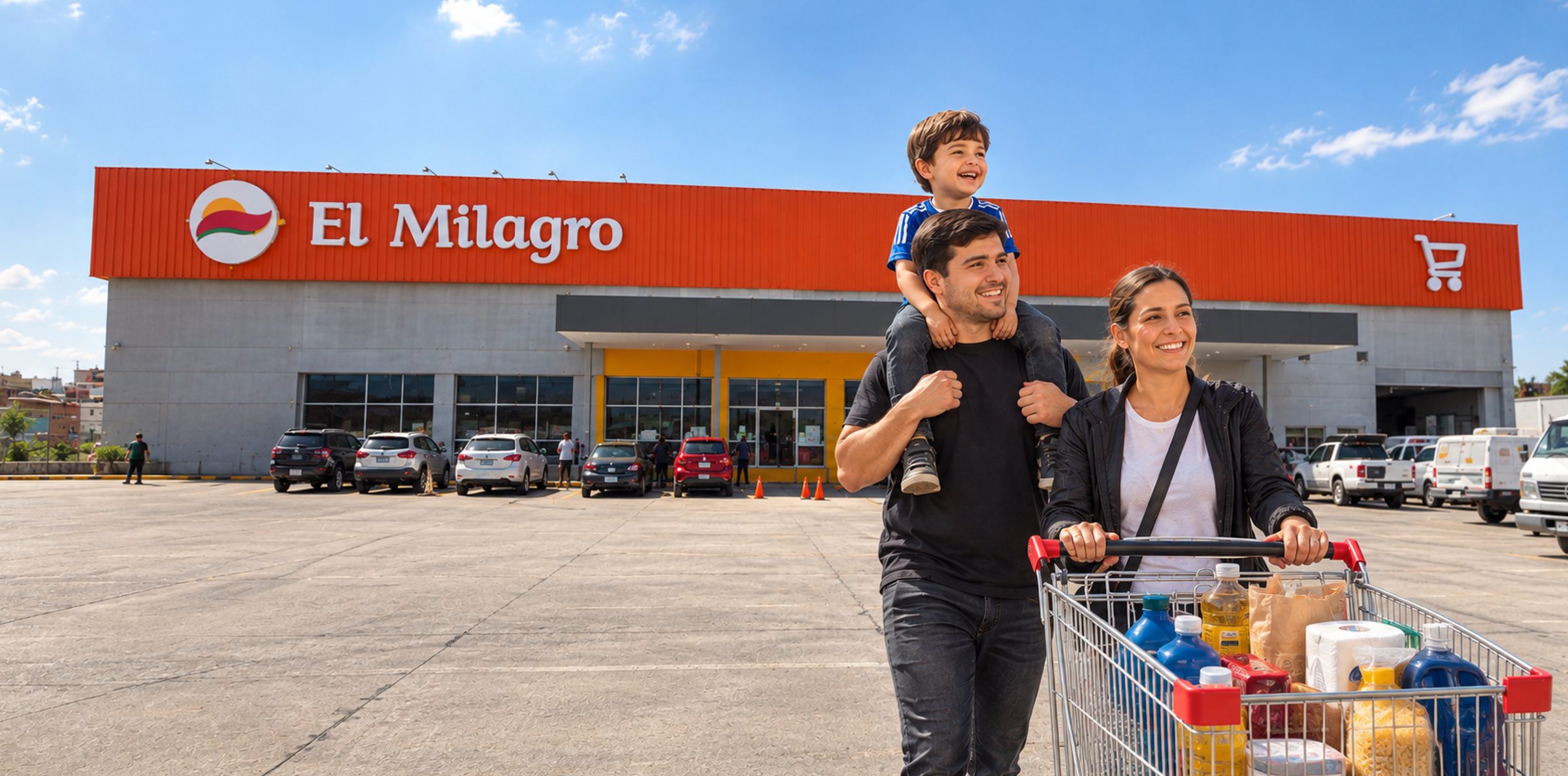 Una familia saliendo con el carro de compras de una sucursal de El Milagro